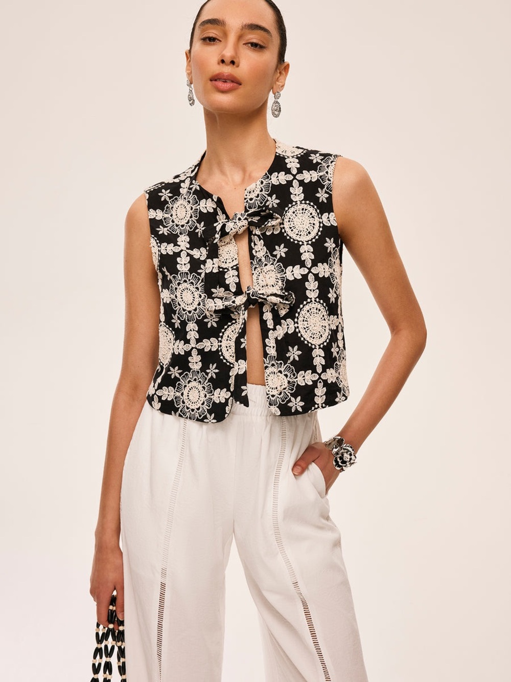 Commense Embroidered Cotton Tie-Front Vest